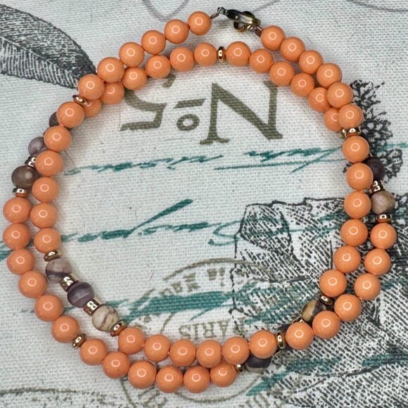 Artisan Coral Orange Mother of Pearl & Jasper & Gold Hematite Necklace - Picture 3 of 3